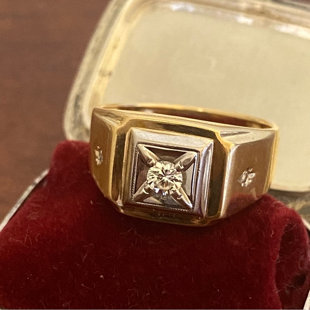 14K Yellow White Gold Diamond Signet Ring